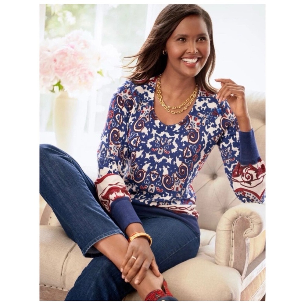 Talbots Soft Merino Wool V-Neck Sweater 1X Blue Red Preppy Old Money Fourth July - Picture 2 of 10